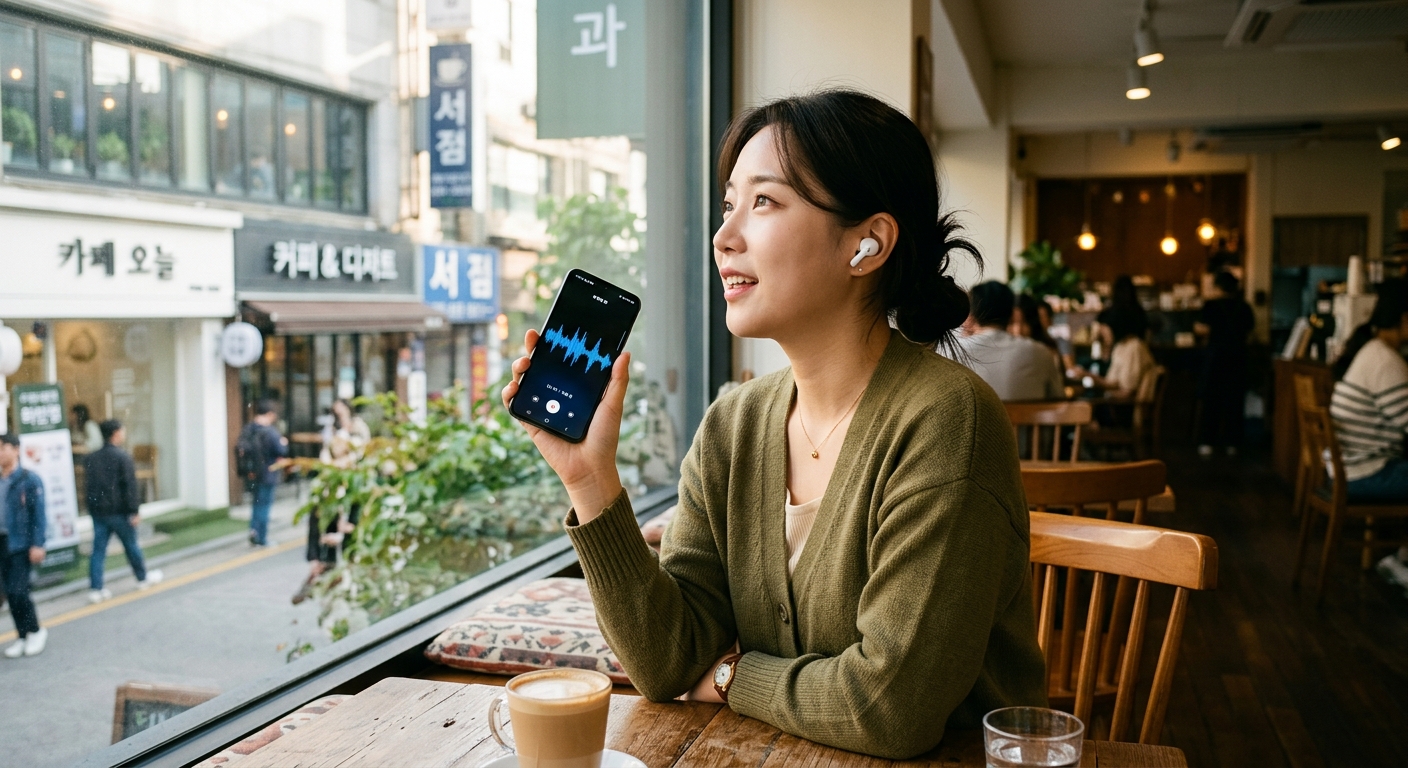 사람이 이어폰을 끼고 카페 창가에서 스마트폰을 손에 든 채 편안하게 허공을 보며 말하는 옆모습, 화면엔 음성 파형이 물결치는 인터페이스, 부드러