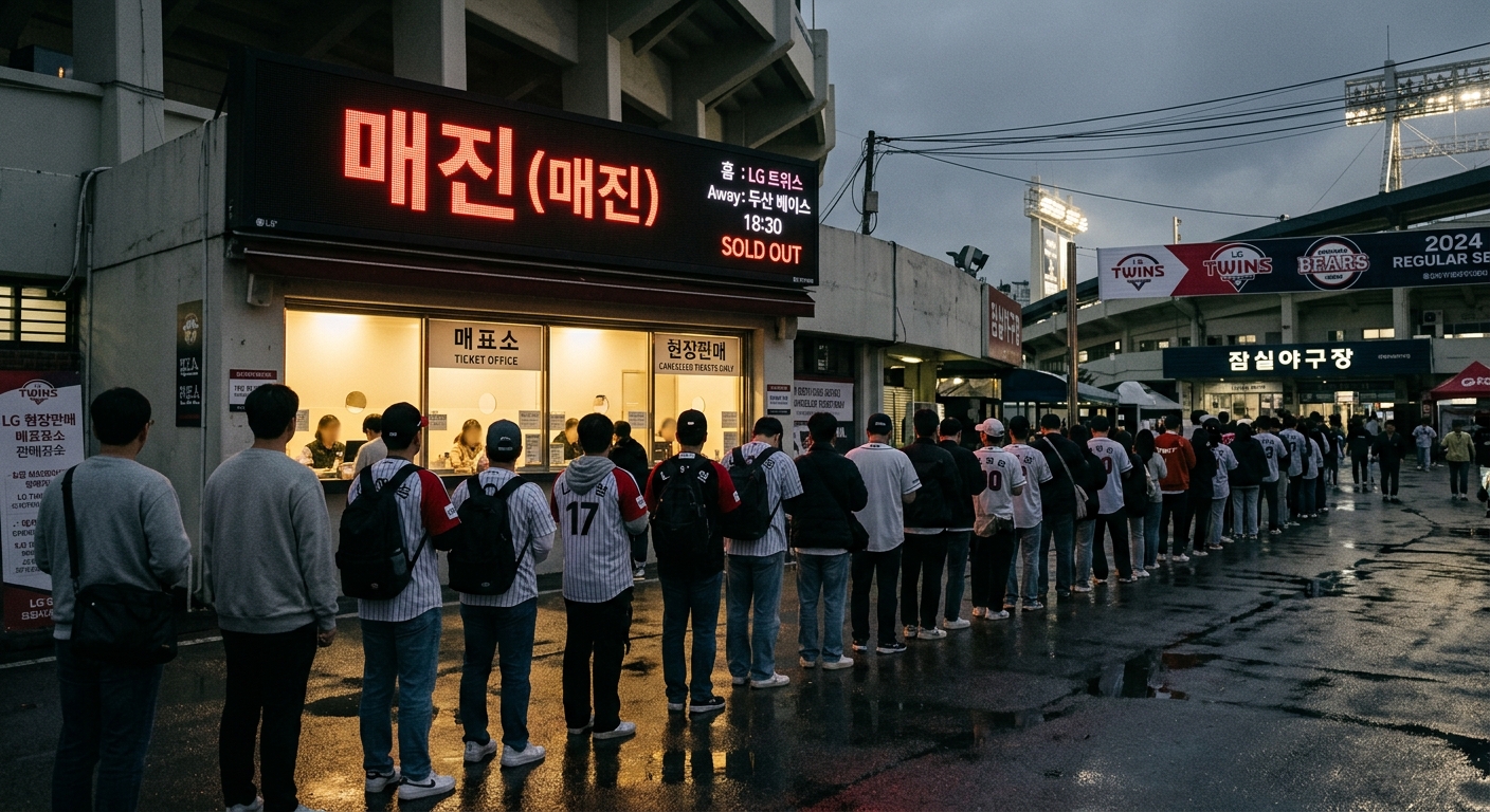 야구장 매표소 앞 전광판에 매진을 알리는 붉은 글씨가 켜져 있는 저녁 장면. 유니폼을 입은 관중들이 원거리에서 뒷모습으로 줄지어 서 있고 얼굴과