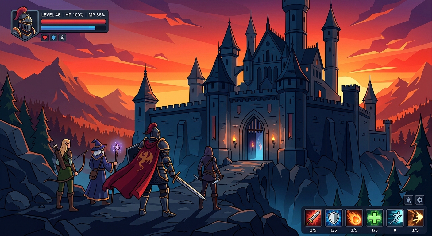 판타지 RPG 게임의 한 장면, 붉은 망토를 두른 기사와 파티가 어두운 고성 앞에 서 있고 화면 구석에 레벨과 스킬 UI가 떠 있음, 게임 속을