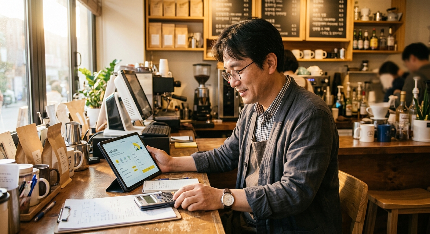 한국의 작은 카페 카운터에 앉은 40대 자영업자가 태블릿으로 노란우산공제 앱 화면을 들여다보는 모습, 따뜻한 오후 햇살이 드는 실내, 손에는 계
