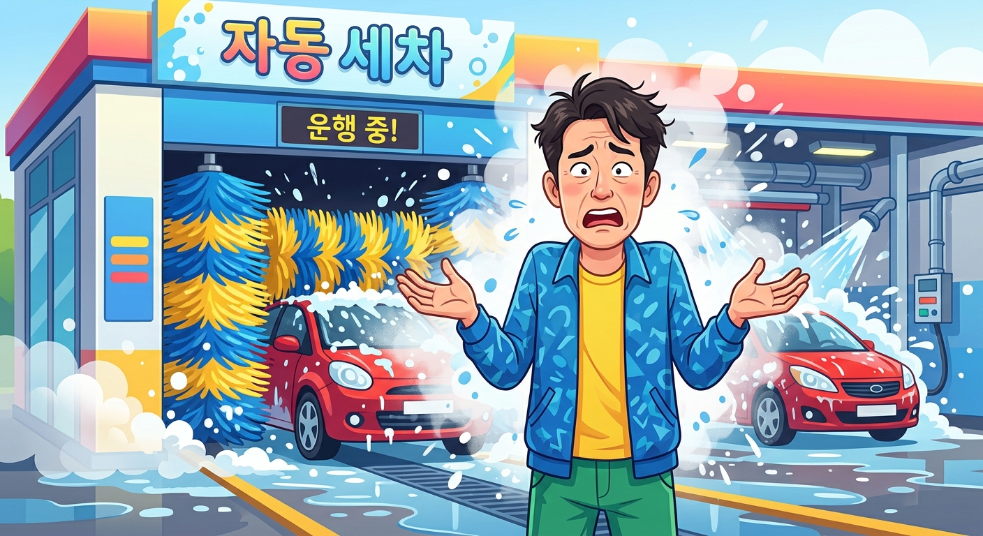 자동 세차기 앞에 빈손으로 서서 어리둥절한 표정을 짓는 사람, 거대한 회전 브러시와 물보라가 배경, 밝고 과장된 코미디 톤, 정면 미디엄샷