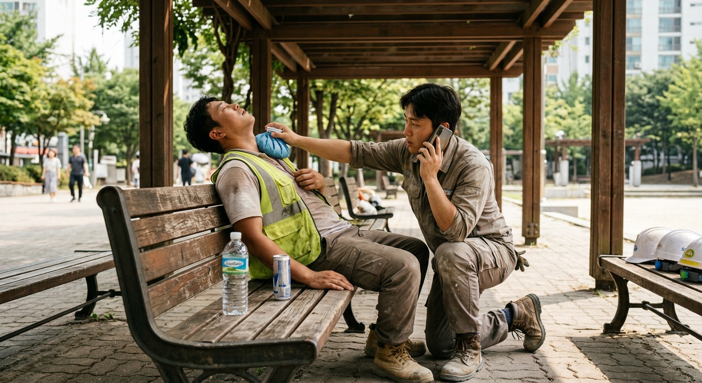 폭염 속 야외 벤치 그늘에서 한 사람이 쓰러진 동료의 셔츠 단추를 풀고 목덜미에 아이스팩을 대주는 장면. 다른 한 손으로는 휴대폰을 귀에 대고 