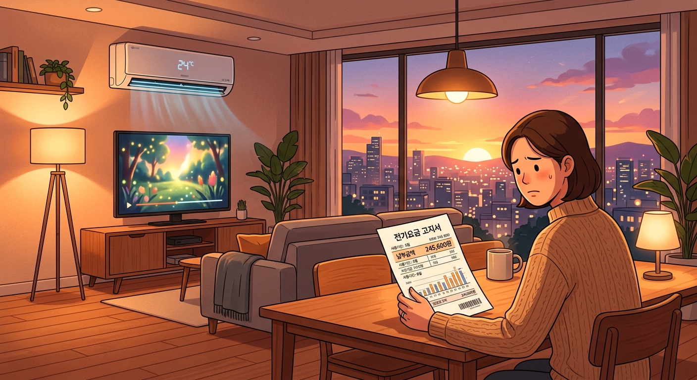 저녁 시간 아파트 거실, 조명과 TV·에어컨이 동시에 켜진 따뜻한 실내 풍경, 창밖은 노을이 지는 도시 전경, 식탁 위 종이 전기요금 고지서가 