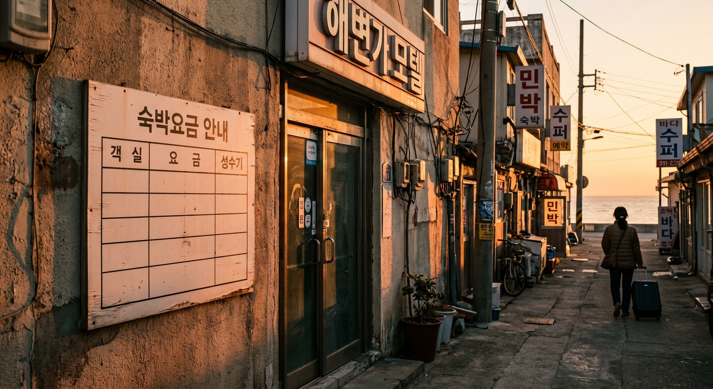 해질녘 바닷가 소도시의 좁은 모텔·펜션 골목. 3층짜리 낡은 숙소 건물 유리문 옆 벽에 숙박요금 안내 게시판이 붙어 있고, 게시판 안에는 글씨