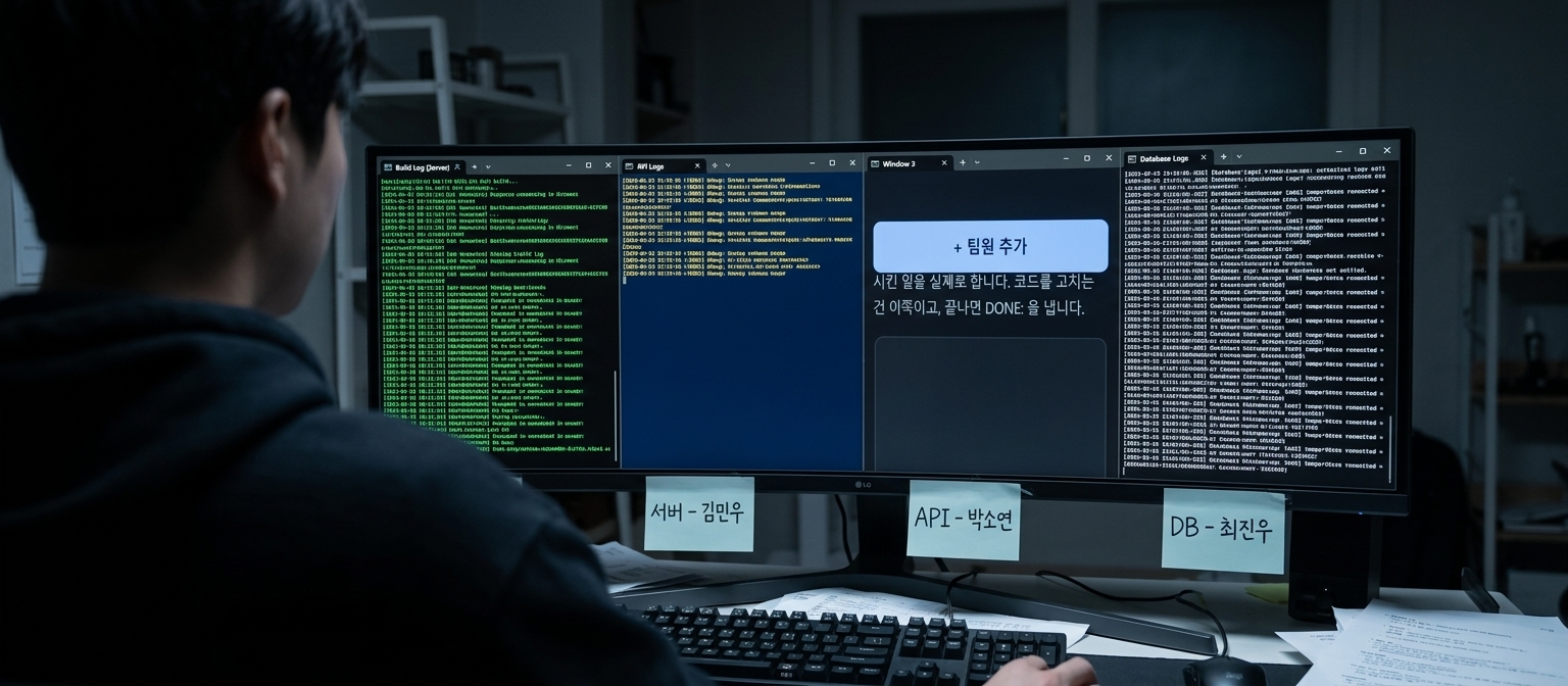넓은 모니터에 작업 창이 네 개 나란히 열려 있고 창마다 글자 로그가 서로 다른 속도로 올라가는 장면, 모니터 아래 책상 가장자리에는 손으로 적